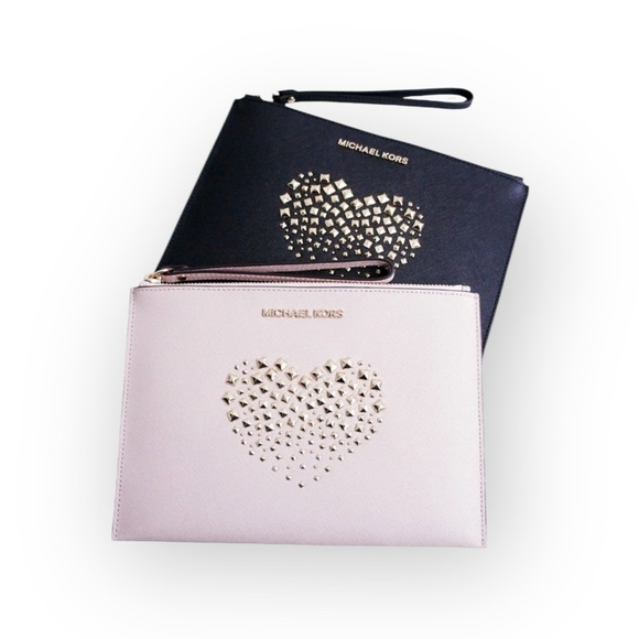 Michael Kors ❤︎︎ Adele Jet Set XL Zip Clutch ❤︎︎ Ballet Pink ❤︎︎ Gold Heart Stud - Picture 15 of 16